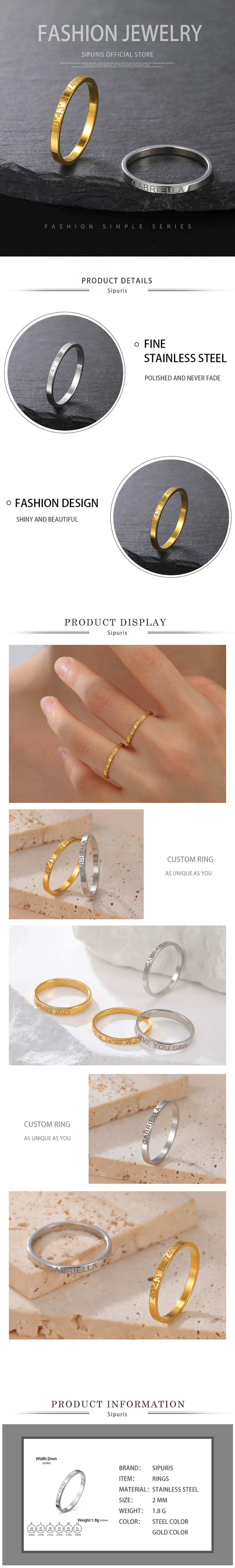 Sipuris 2MM Individuell Gravierte Namensringe aus Edelstahl Personalisierter Korrosionsbeständiger Einfacher Ring Jubiläumsschmuck Hochzeitsgeschenke – Detail 3