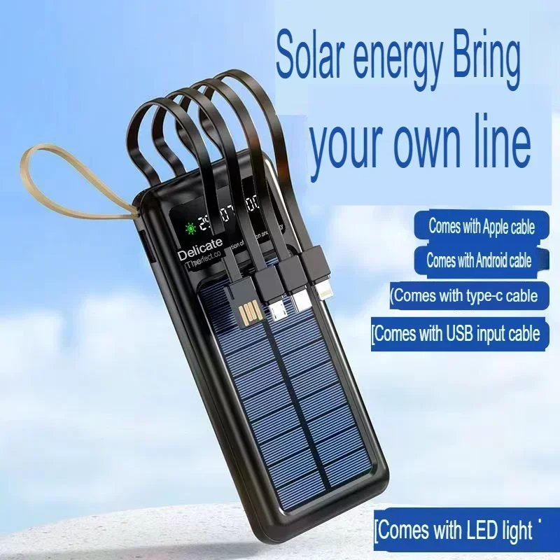 Solar power bank 30000mAh with built-in cable, lightweight and large capacity universal mobile power supply for mobile phones