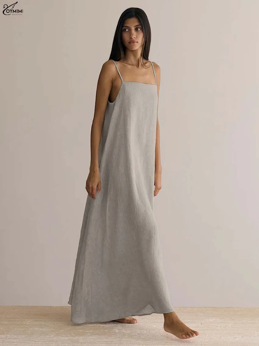 

Oymimi Fashion Khaki Loose Dresses 2025 Woman Elegant Spaghetti Strap Open Back Dresses Autumn New Simple Ankle-Length Dress
