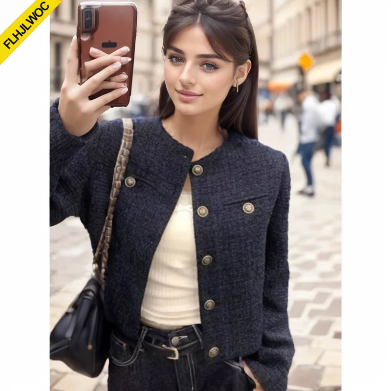 Small Button Short Coats Winter New Year Cute Sweet Girls Preppy Style Casual Retro Vintage Pockets Short Jackets Outerwear