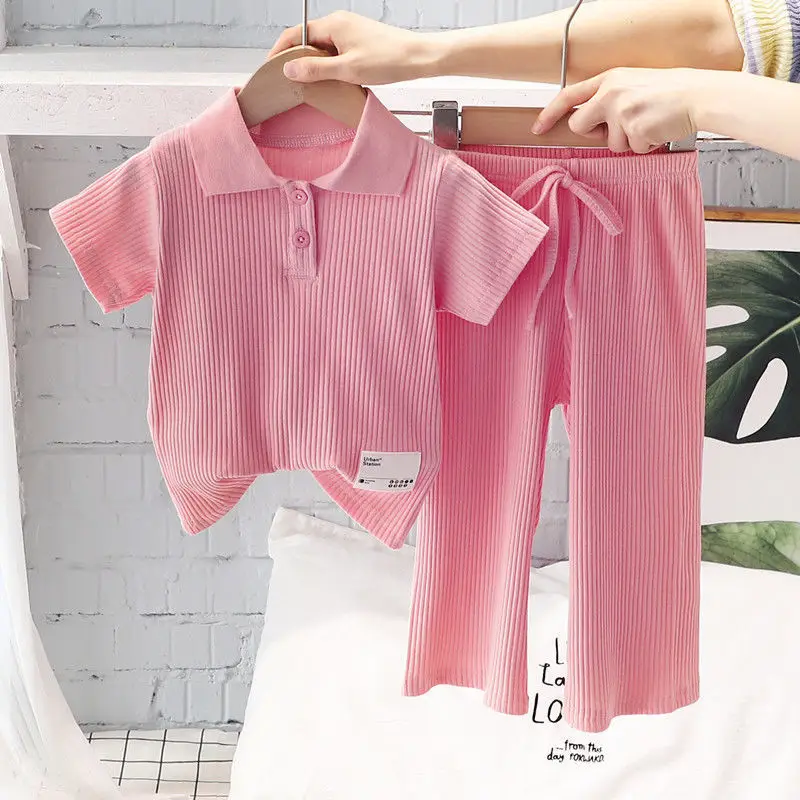 

Girls Summer Clothing Suit Children Short-Sleeved Polo Shirt Wide Leg Pants 2Pcs Sets Baby Loungewear Fashion Pit Stripe Outfits