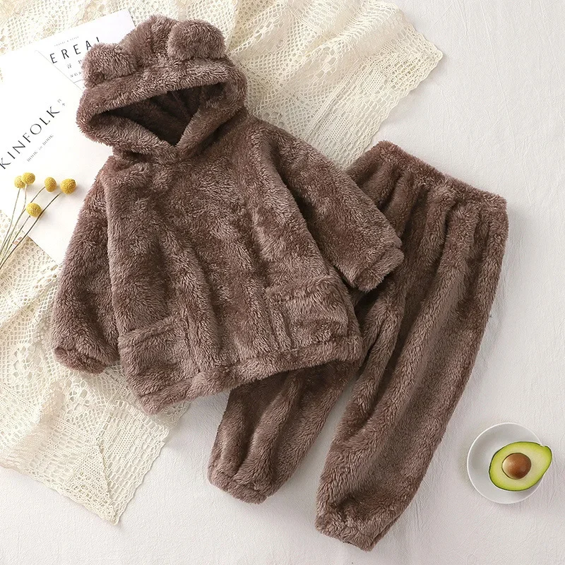 1-4 Years Baby Boy Girl Clothes Pajamas Set Flannel Fleece Infant Toddler Child Warm Hooded Sleepwear Home Suit Winter Autumn