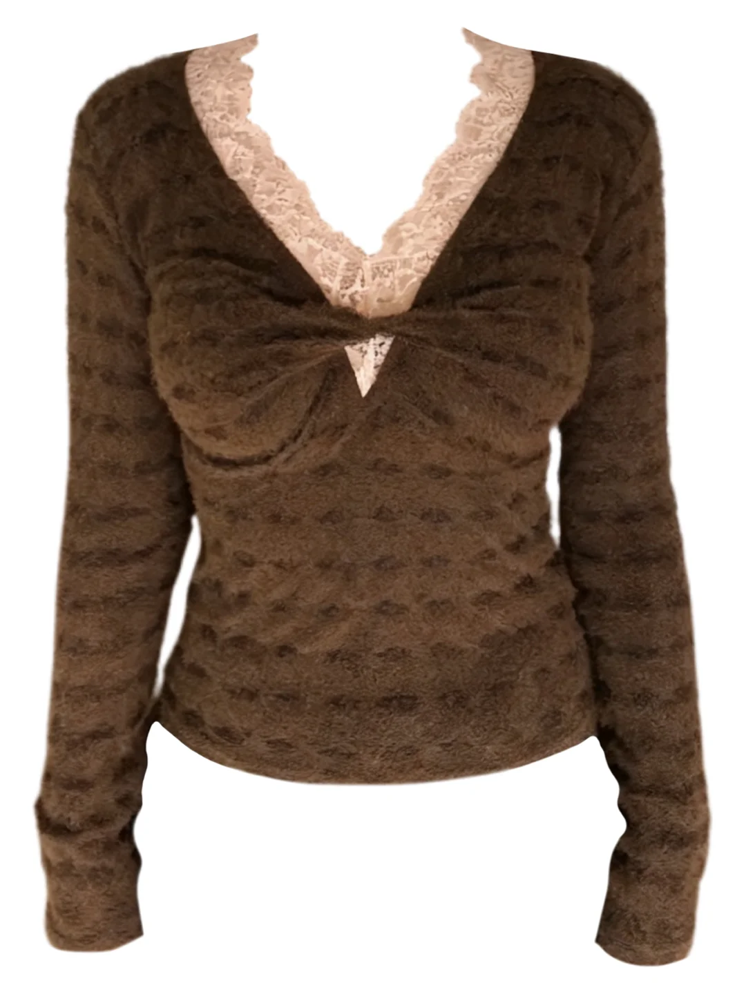 Damska bluzka plus size z długim rękawem, koronkowym dekoltem w serek, do noszenia pod spód, modna, codzienna, o dopasowanym kroju, wysokiej jakości, idealna na jesień i zimę.