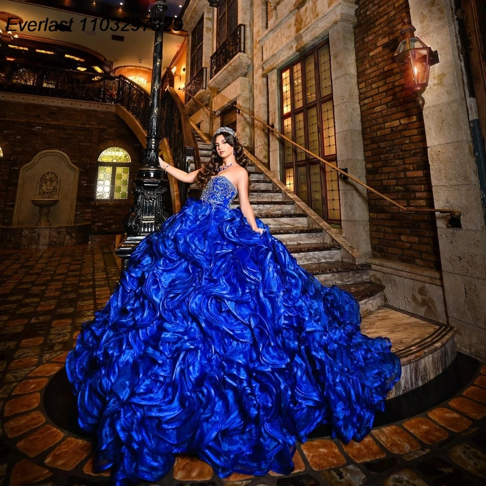 EVLAST Glitter Royal Blue Ruffles Quinceanera Dress Ball Gown Beaded Tiered Corset Sweet 16 Vestido De 15 Anos Customized QD1198