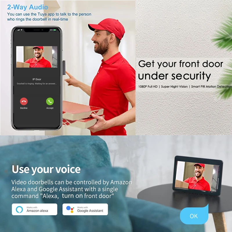 Wi-Fi Video Doorbell Intercom Câmera IP, Suporte Alexa, Bloqueio da porta, Controle Remoto, Desbloquear RJ45 para POE, Aplicativo Tuya, 1080P,