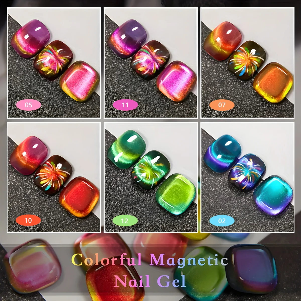 VOKY 7 STKS Dubbele Kleur Cat Eye Gel Nagellak Set, 6 kleuren UV-gel + zwarte basisgel + magnetische stick, en DIY nail art