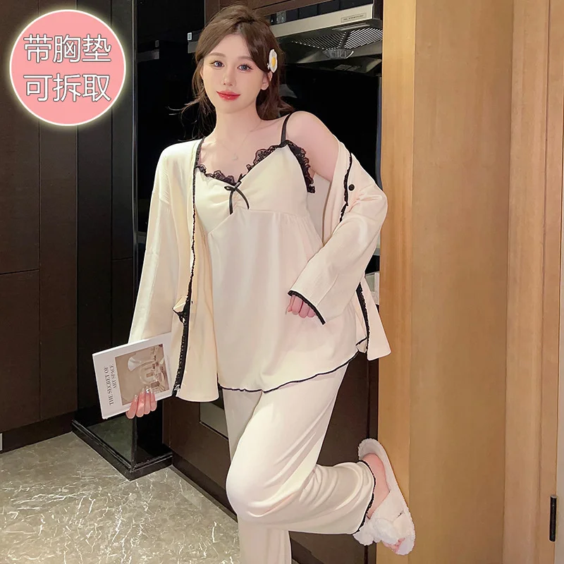 Spring Autumn Women Night Wears 3 Pieces Set Long Sleeved Pants Sleepwear Sweet Cute Cotton Loose  Home Clothes