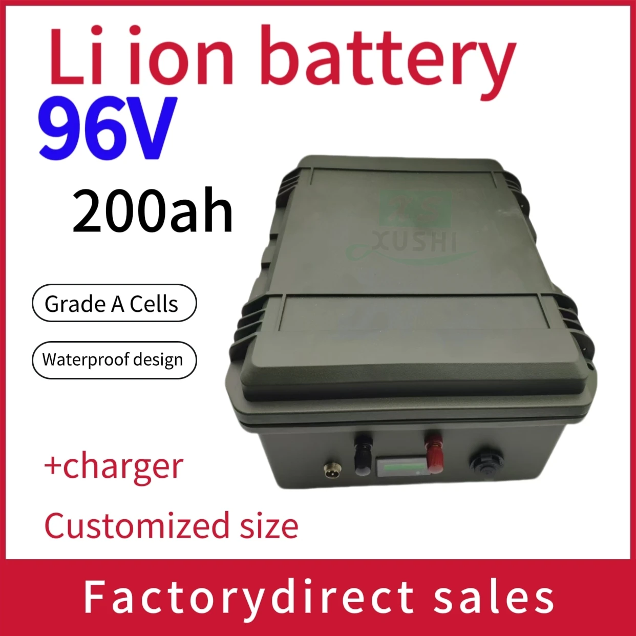 

xs 96v 200AH lithium ion Rechargeable battery li ion 100A 200A 300A BMS 25000W for RV AGV Forklift boat inverter + 10A Charger