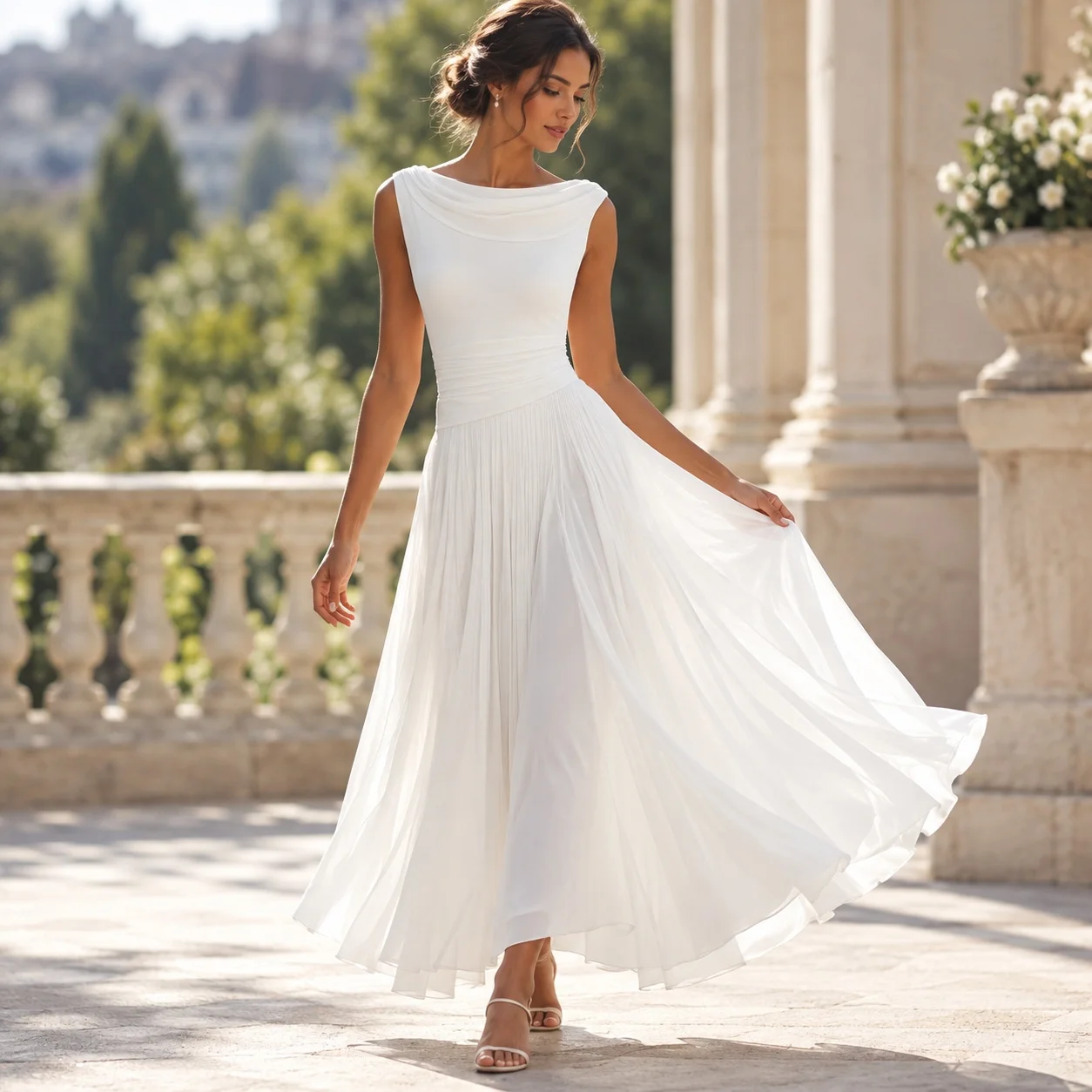 a Line Pleated Dress Japanese Korean Casual with Mid Length Relaxed Fit Middle Waist Round Neck Slim Fit Spring Dress for Women