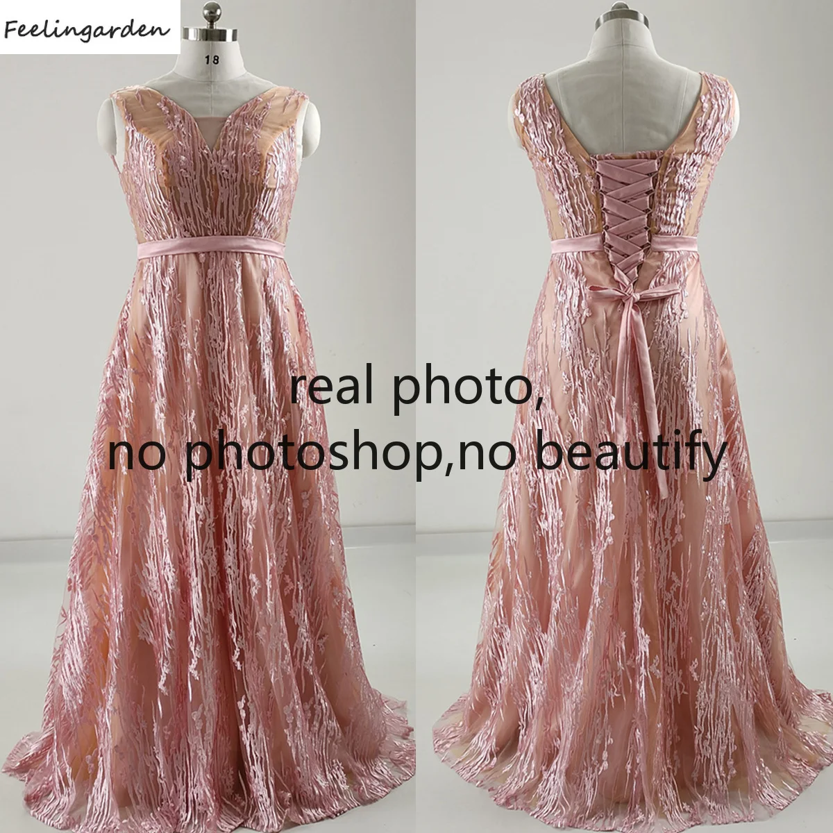 

Feelingarden Evening Dress Real Photo Plus size Pink Orange Embroidery V-neck Lace up Pleat A-line Floor Length Women Party Gown