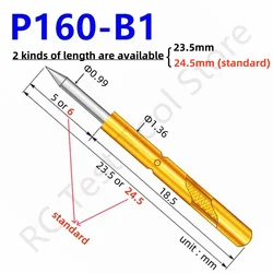 20/100szt P160-B Sprężynowa sonda testowa P160-B1 Sworzeń testowy Mosiężne metalowe złote kołki Pogo Niklowana sonda z ostrą końcówką 23,5 lub 24,5 mm