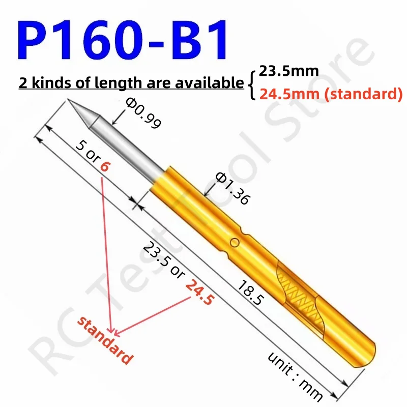 20/100pcs P160-B Spring Test Probe P160-B1 Test Pin Brass Metal Gold Pogo Pins Nickel-plated Sharp Tip Probe 23.5 or 24.5mm