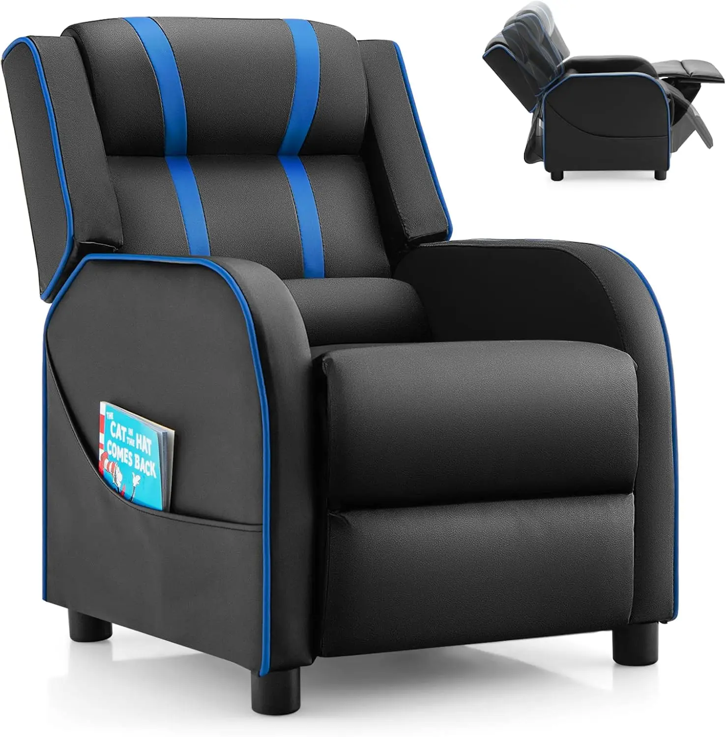 Kids Recliner, Gaming Recliner Chair w/Side Pockets, Footrest, Headrest & Lumbar Support for Kids Room & Play Room, Adjustable R