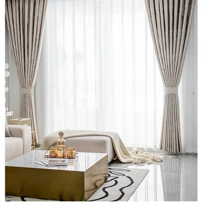 Literary Luxury Modern Yarn-dyed Jacquard Curtain Living Room Bedroom Finished Blackout  Floor-to-ceiling Windows Villa