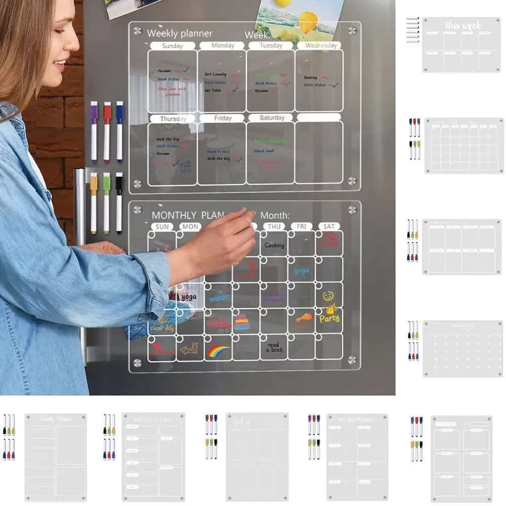 Magnetic Acrylic Erase Boards Erasable Clear Frameless Monthly Calendar Memo Reusable 6 Markers Note Blackboard Set Office