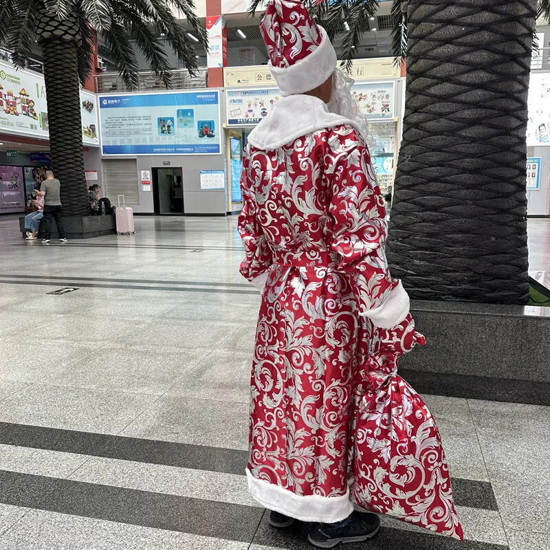 Strój Świętego Mikołaja z czapką, brodą, rękawiczkami, kostium na występy świąteczne, kostium na imprezę, kostium świąteczny