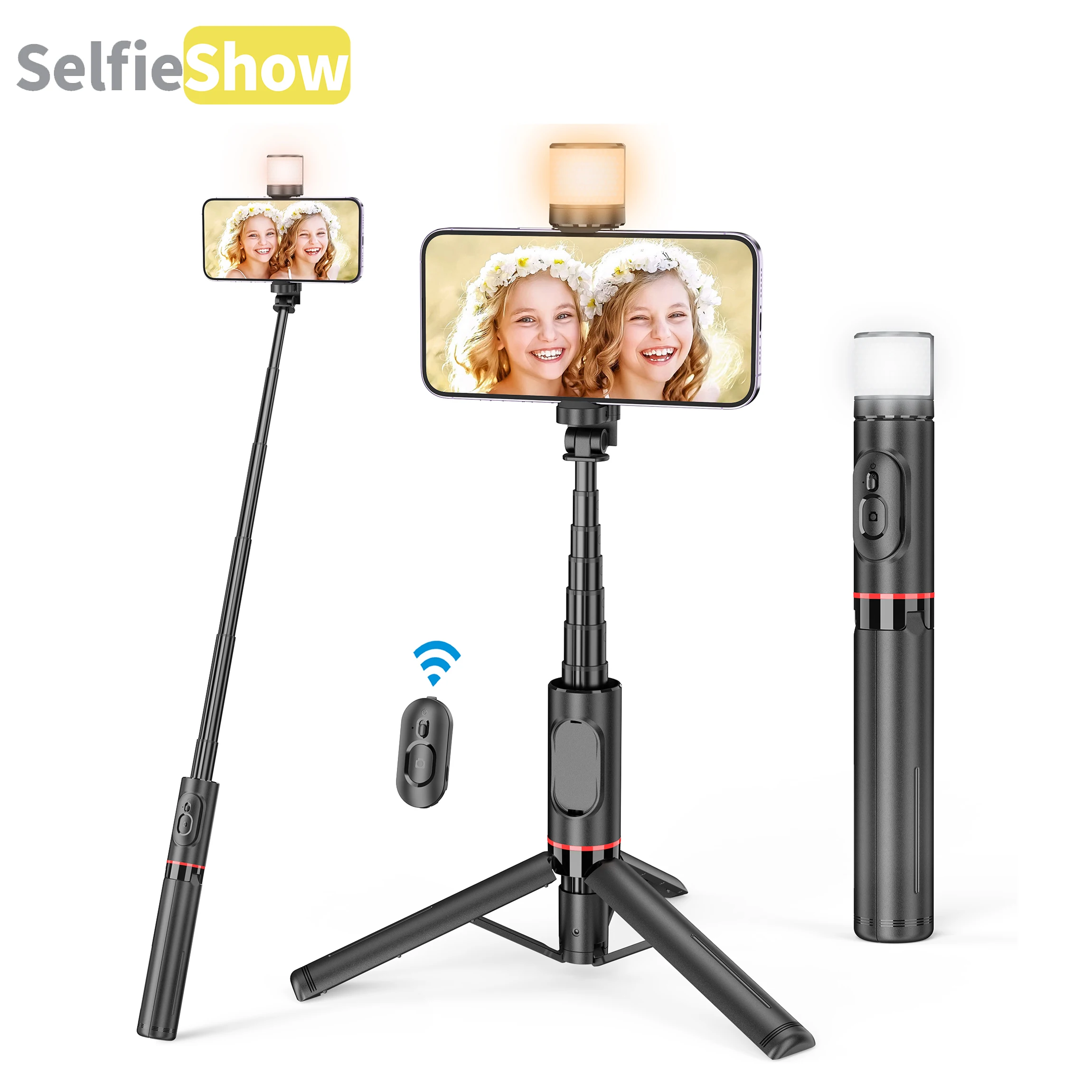 Selfieshow Q12s Hidden Design Rotatable Fill Light Bluetooth Tripod Selfie Stick Aluminium Alloy Stabilizer for IOS Android