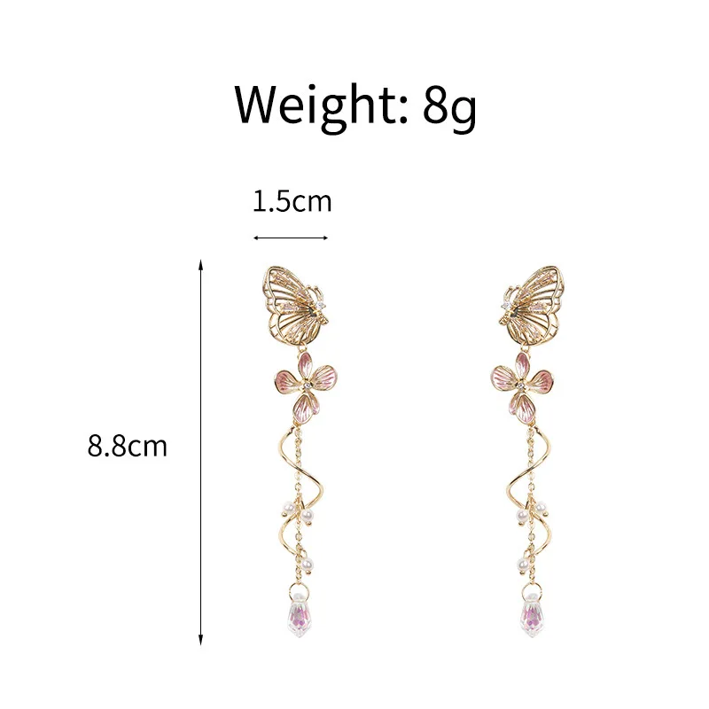 Koreanische elegante Blumen-Schmetterlings-Ohrringe für Damen, exquisite Kristall-Zirkon-Ohrringe mit langen Quasten, temperamentvoller Schmuck – Detail 5