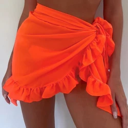 2022 Mesh Mini Ruffle Skirts Women Cover Up Tassel Dress Bikini Solid Bathing Skirt Women Swimwear Pareo Scarf Beachwear Wrap