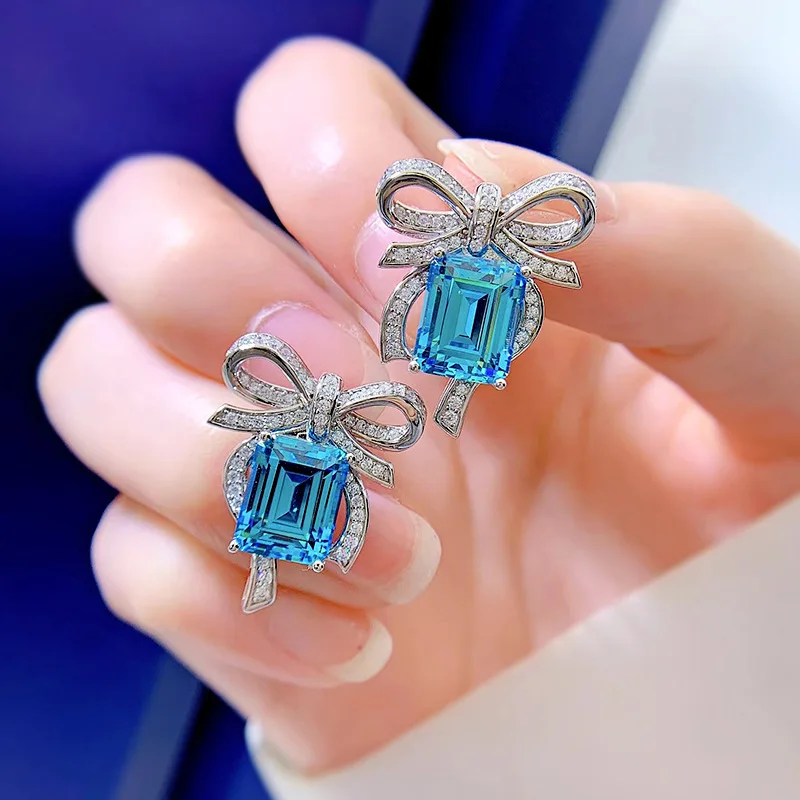 

Bowknot 925 Sterling Silver Emerald cut 8*10MM Square Blue Topaz High Carbon Diamond Gemstone Dangle Earrings Fine Jewelry