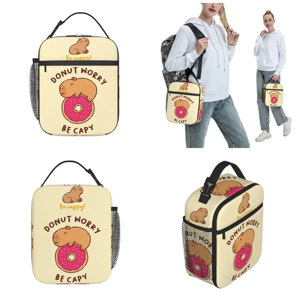 Capybara On A Donut Thermal Insulated Lunch Bag for School Don't Worry Be Happy Portable Food Bag Thermal Cooler Lunch Boxes