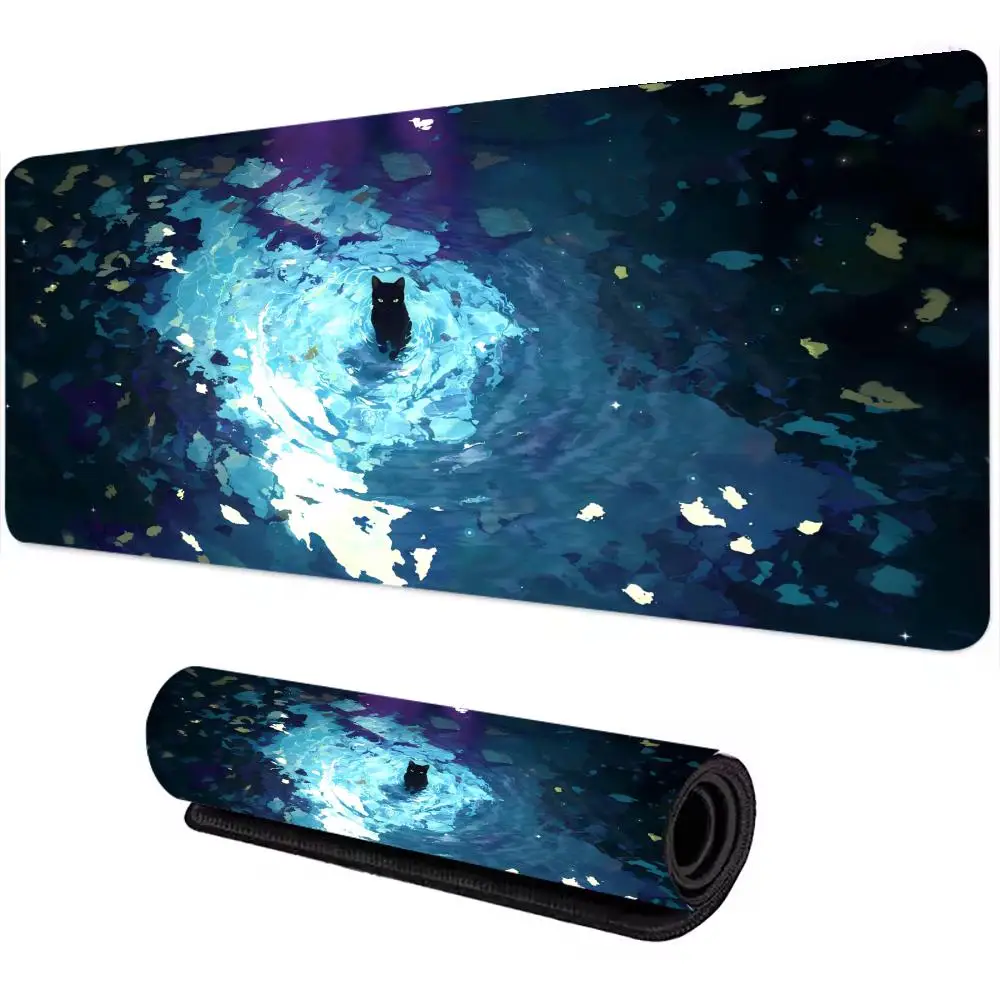

Черный коврик для мыши с изображением кота в стиле аниме, большие компьютерные офисные игровые настольные коврики XXL, резиновые противоскользящие коврики для игровой клавиатуры, длинные настольные коврики