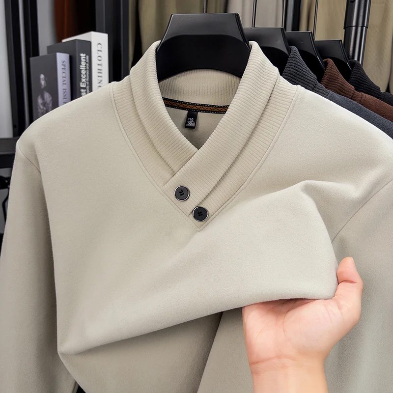 

Легкий роскошный мужской трикотаж с длинными рукавами, шарф с воротником, бархатный флис, приятный для кожи зимний пуловер в корейском стиле, модные топы для отдыха