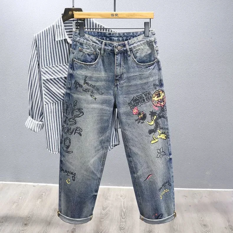

Spring and Autumn New Fashion Trendy Printed Retro Sport Straight-leg Jeans Men's Casual Loose High-quality Denim Pants