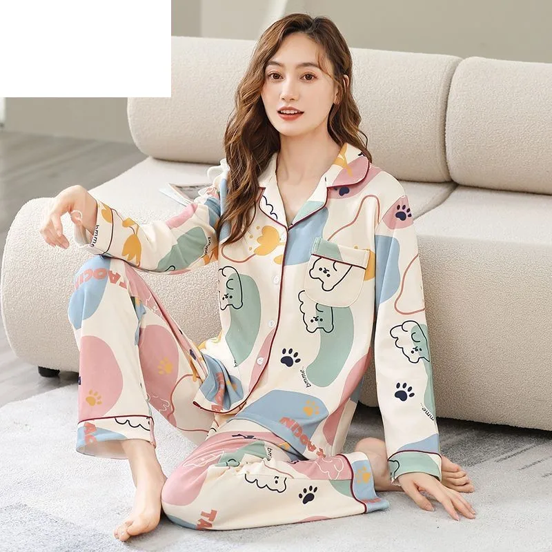 100% pijamas de algodão puro terno feminino primavera outono novo solto calças de manga comprida pijamas roupas para casa de duas peças camisola feminina