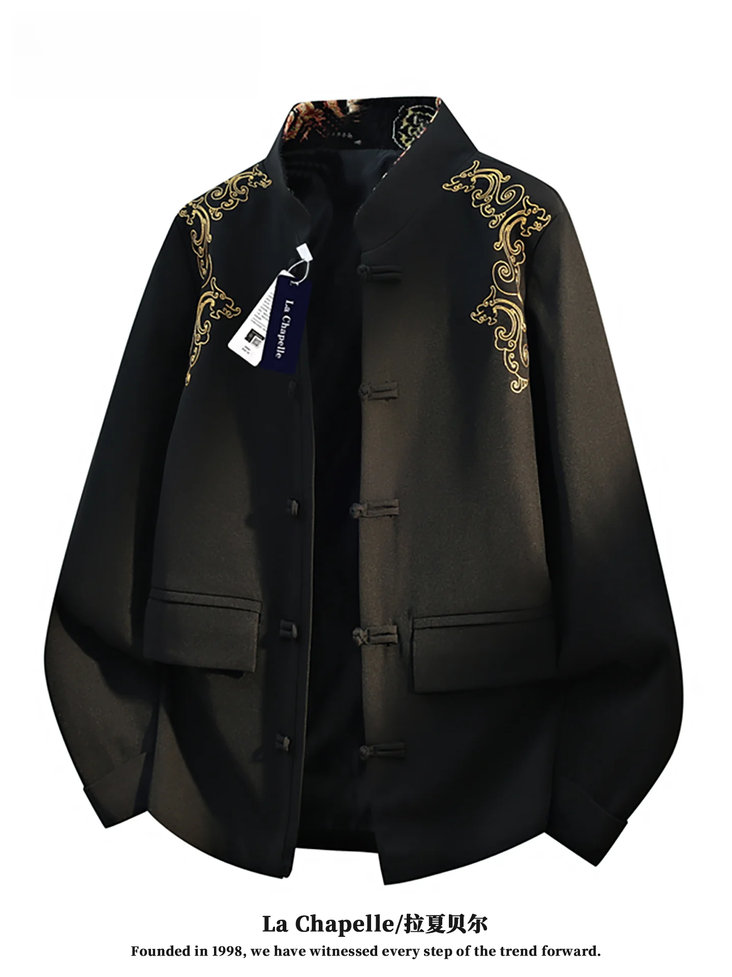 

La Chapelle Spring 2026 Men's Shirt Jacket Stand Collar Chinese Style Printed Polyester Breathable Long Sleeve Casual Coat