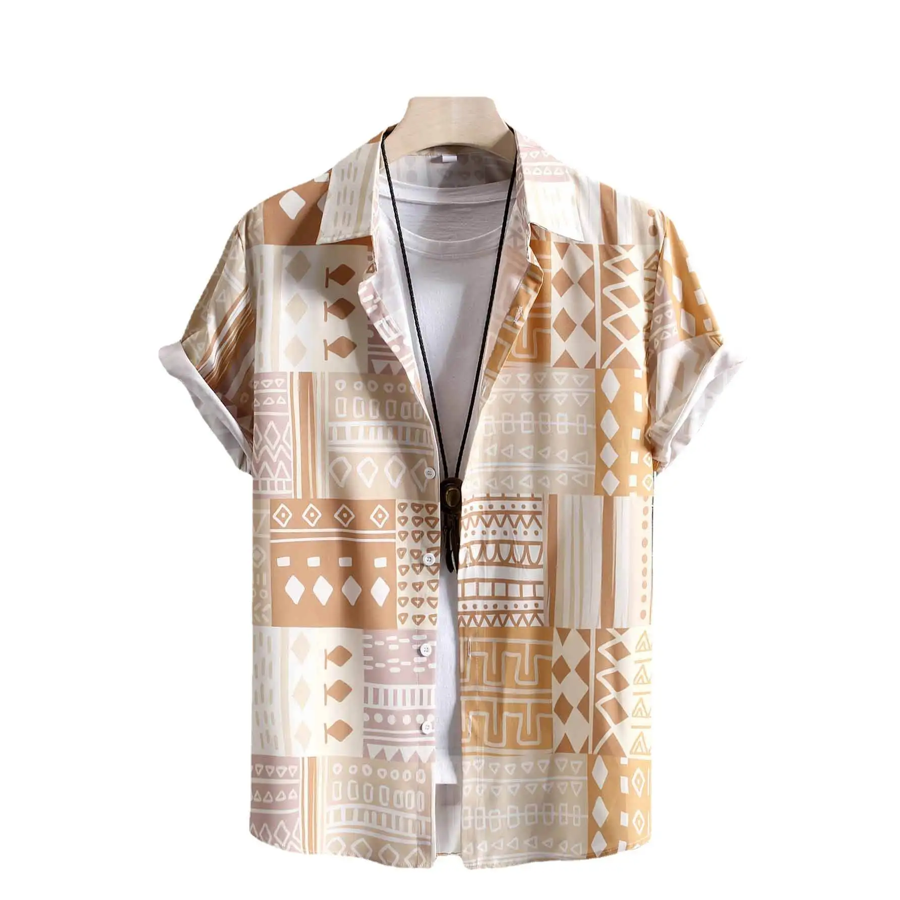

Men's Casual Geometric Printed Short Sleeve Shirt Spring 2023 Slim Fit Flocking Design Thickened Youth Fashion