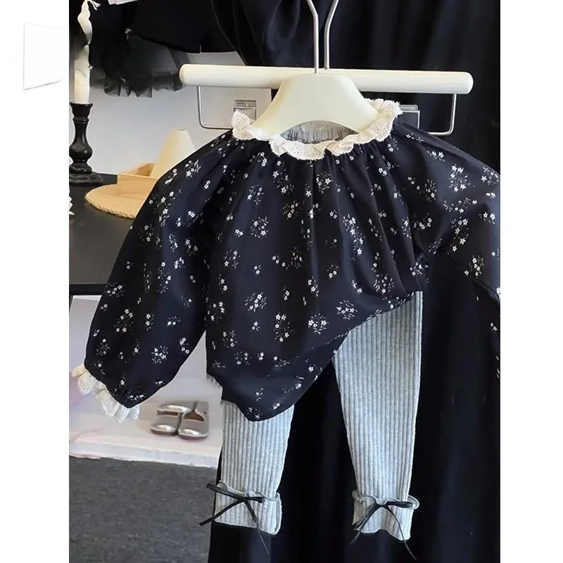 

Children's Clothing Girls Black Shirt Spring Clothing Children's Bubble Sleeve Top Vintage Lace Collar Broken