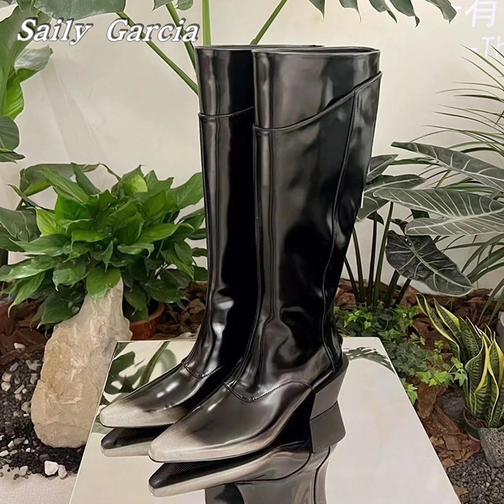 

Classic Retro Glossy Leather Back Zipper Knee High Boots Simple Gradient Color Catwalk Cowboy Boots Pointed Toe Wedge Sexy Boots