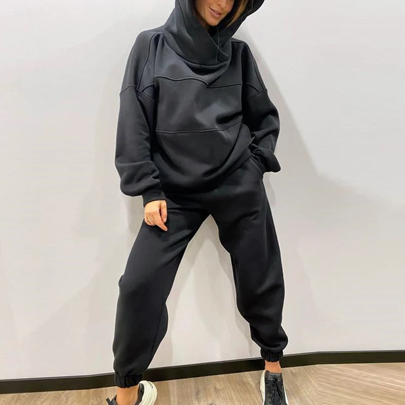 Women Fleece Two Piece Set Oversize Hoodie Sweatshirt And Jogger Trouser Tracksuits 2023 Autumn Winter Female Casual Sports Suit