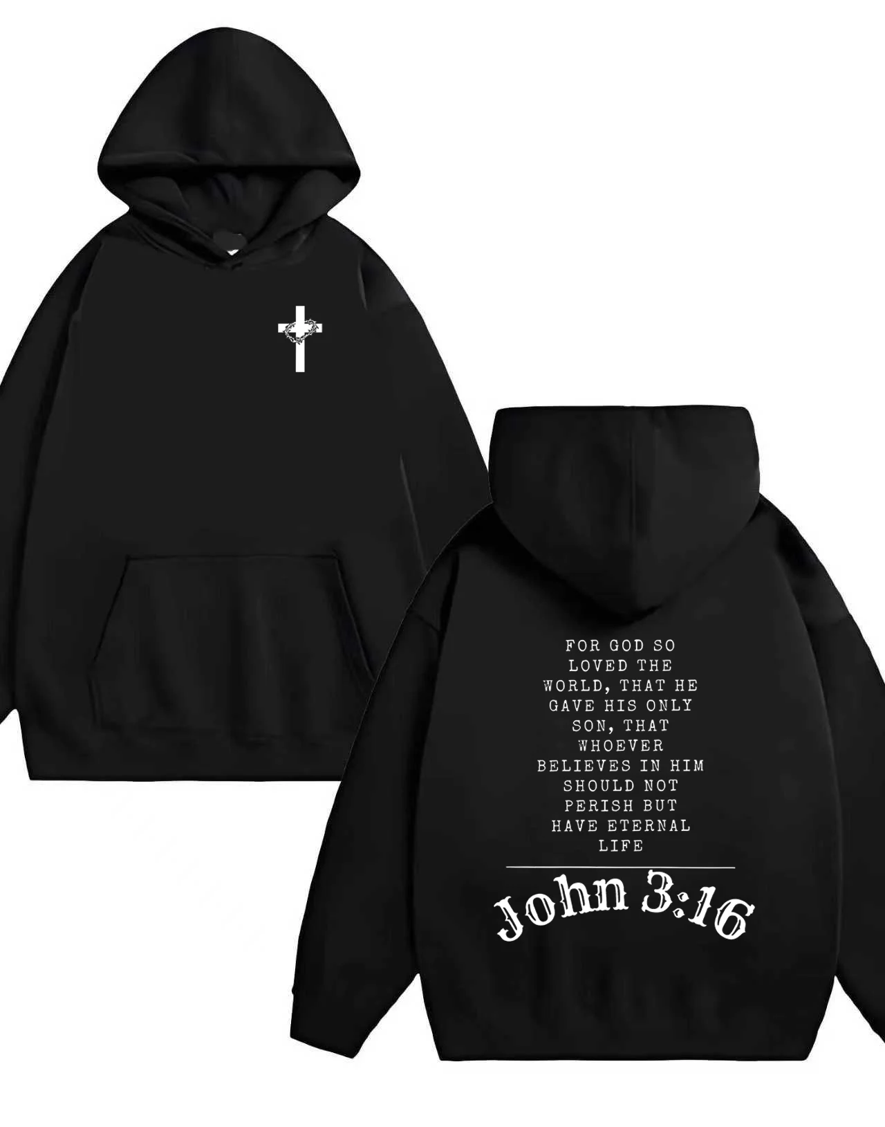 2025년 신상 트렌디 330G 헤비웨이트 요한복음 3:16 구절 프린트 후드티 캐주얼 유니섹스