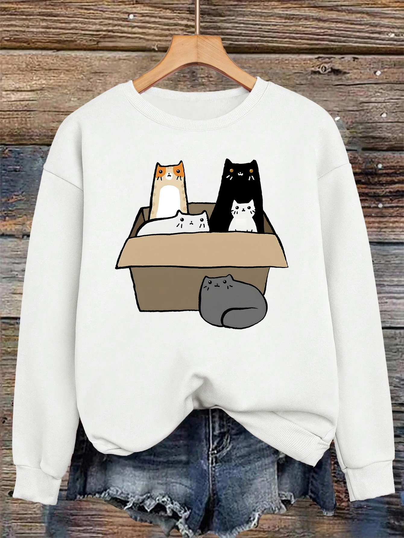 De katten in de kartonnen doos ontwerp vrouwelijk sweatshirt veelkleurig los streetwear ronde hals herfstkleding dames fleece trui