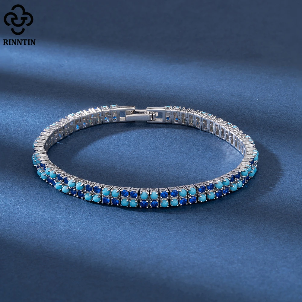 Imagem -04 - Sterling Pulseira de Tênis de Prata para as Mulheres Azul cz e Corrente de Turquesa Jóias de Casamento de Luxo Fileiras Sb159 Rinntin-925