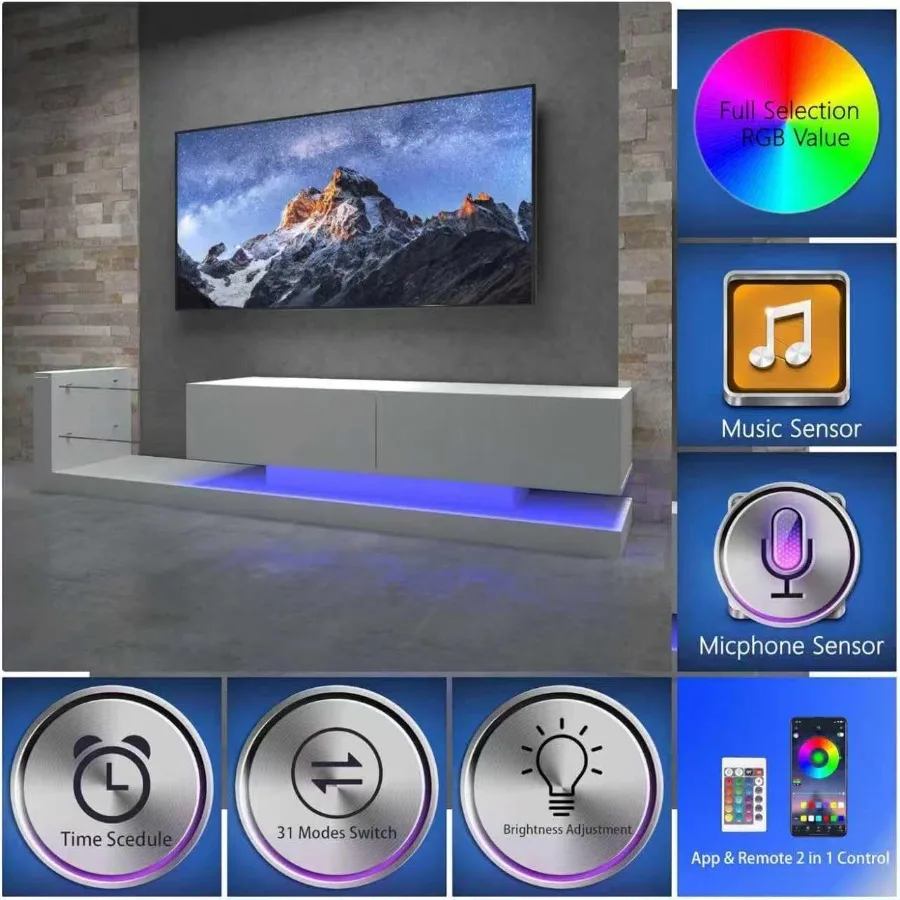 حامل تلفزيون LED لمركز الترفيه الحديث للتلفزيون مقاس 55 65 75 بوصة مع وحدة تحكم تلفزيون من الزجاج المقسى مع خزائن تخزين وسائط الألعاب #4