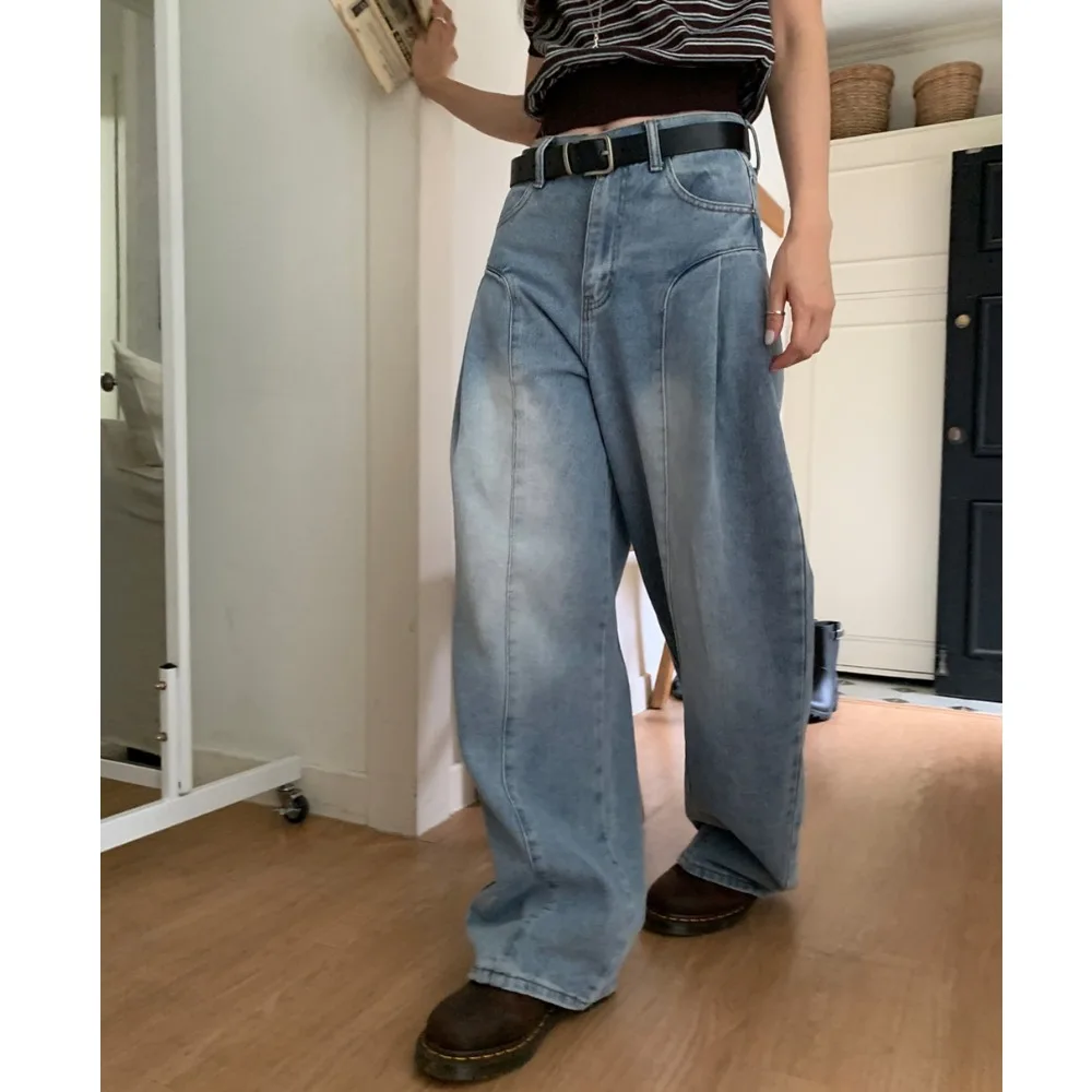 

High Waist Wide Leg Workwear Pants Casual Loose Folded Design Long Trousers Autumn Street Style Women's Jeans Retro Style