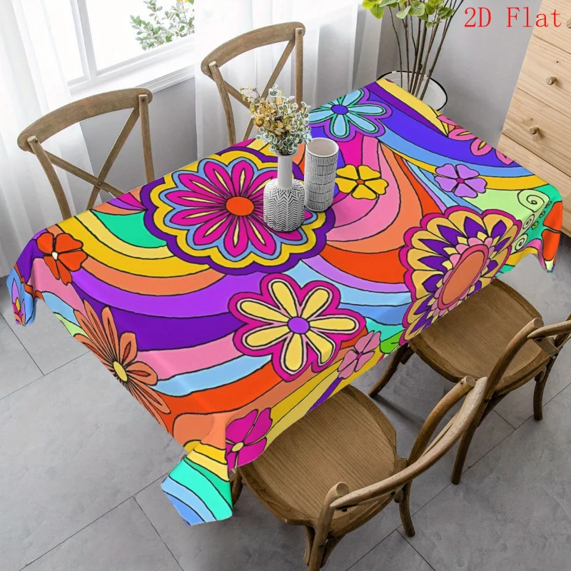 Retro psychedelic floral power tablecloth - 1960s retro bright floral pattern, durable polyester fabric