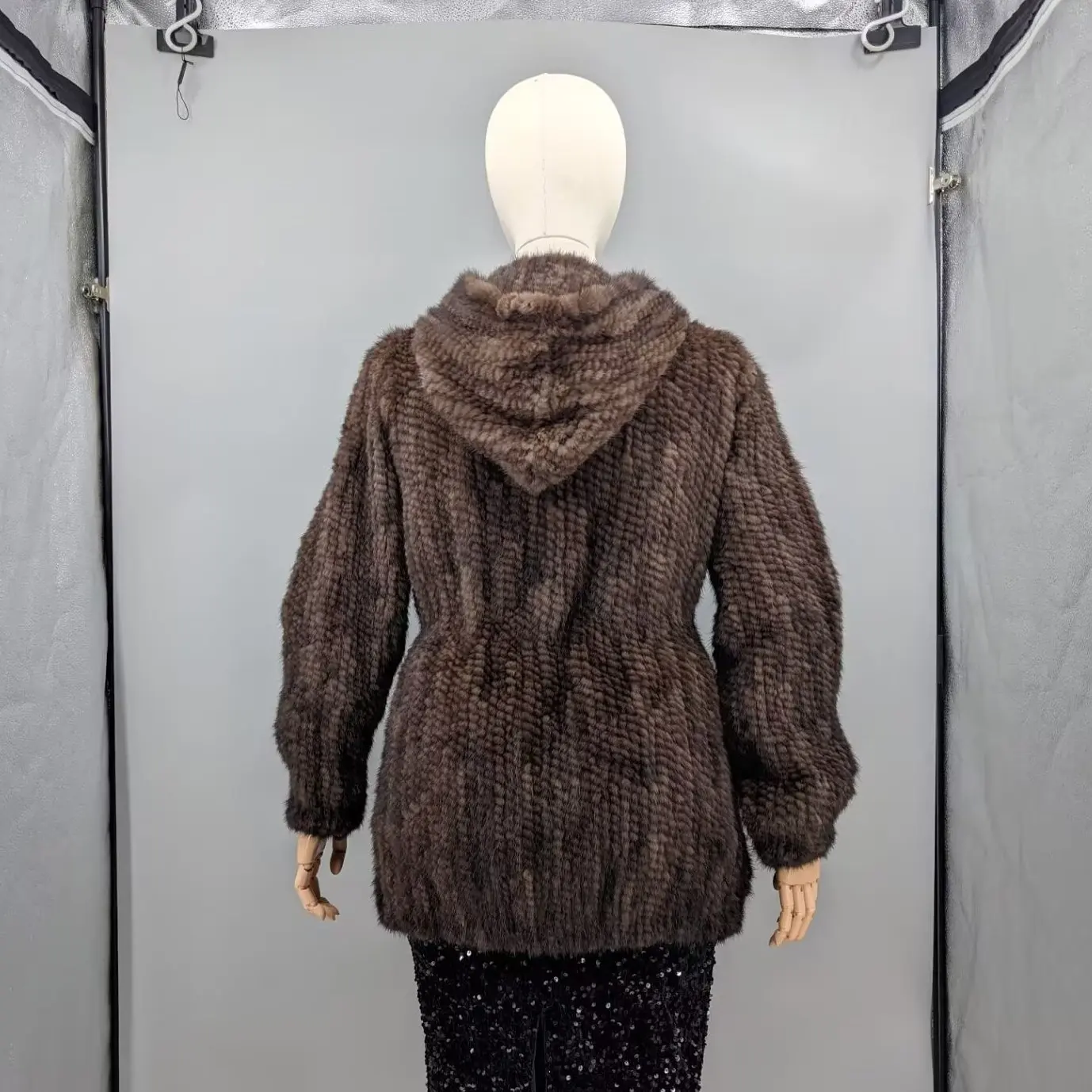 Real Mink Knitted Hooded Coat Women Brown Long Sleeve Open Front Luxury Winter Fur Outerwear Jacket 260721