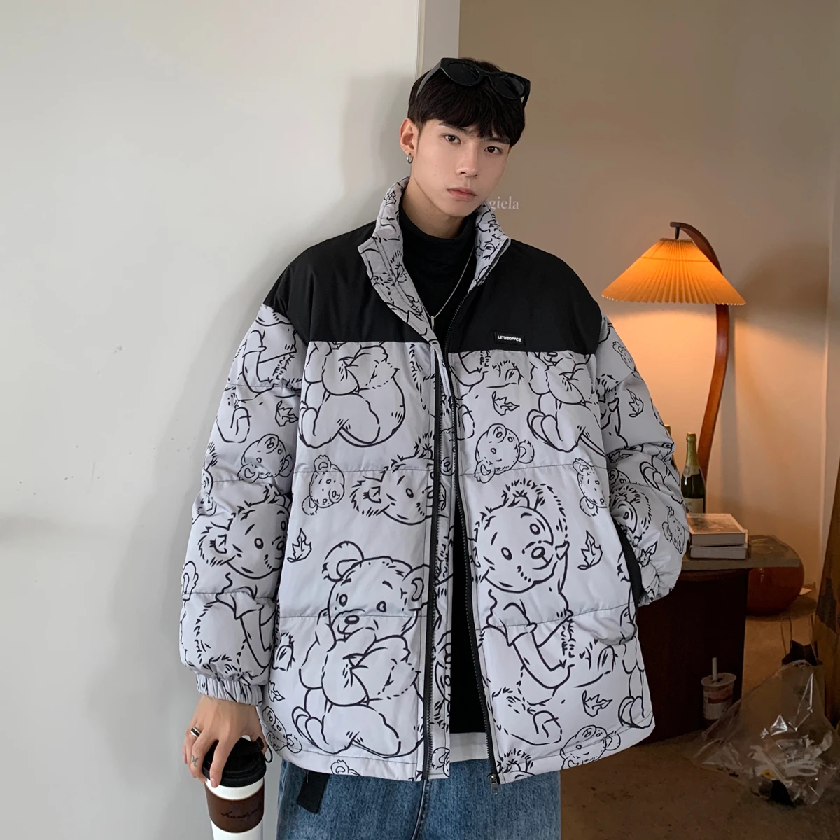 Men Japanese Streetwear Puffer Jackets 2023 Winter Mens Full Print Fashions Bubble Coat Couple Patchwork Thick Parkas