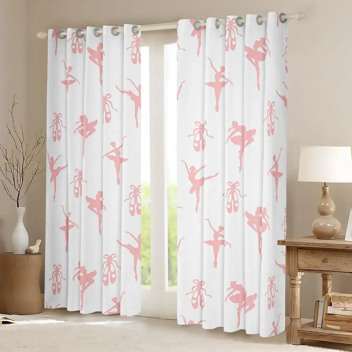 Decorative Ballet Dancer Print Curtains White Pink Ballerina Silhouette Pattern Window Panels Romantic Elegant Curtains for Bedr
