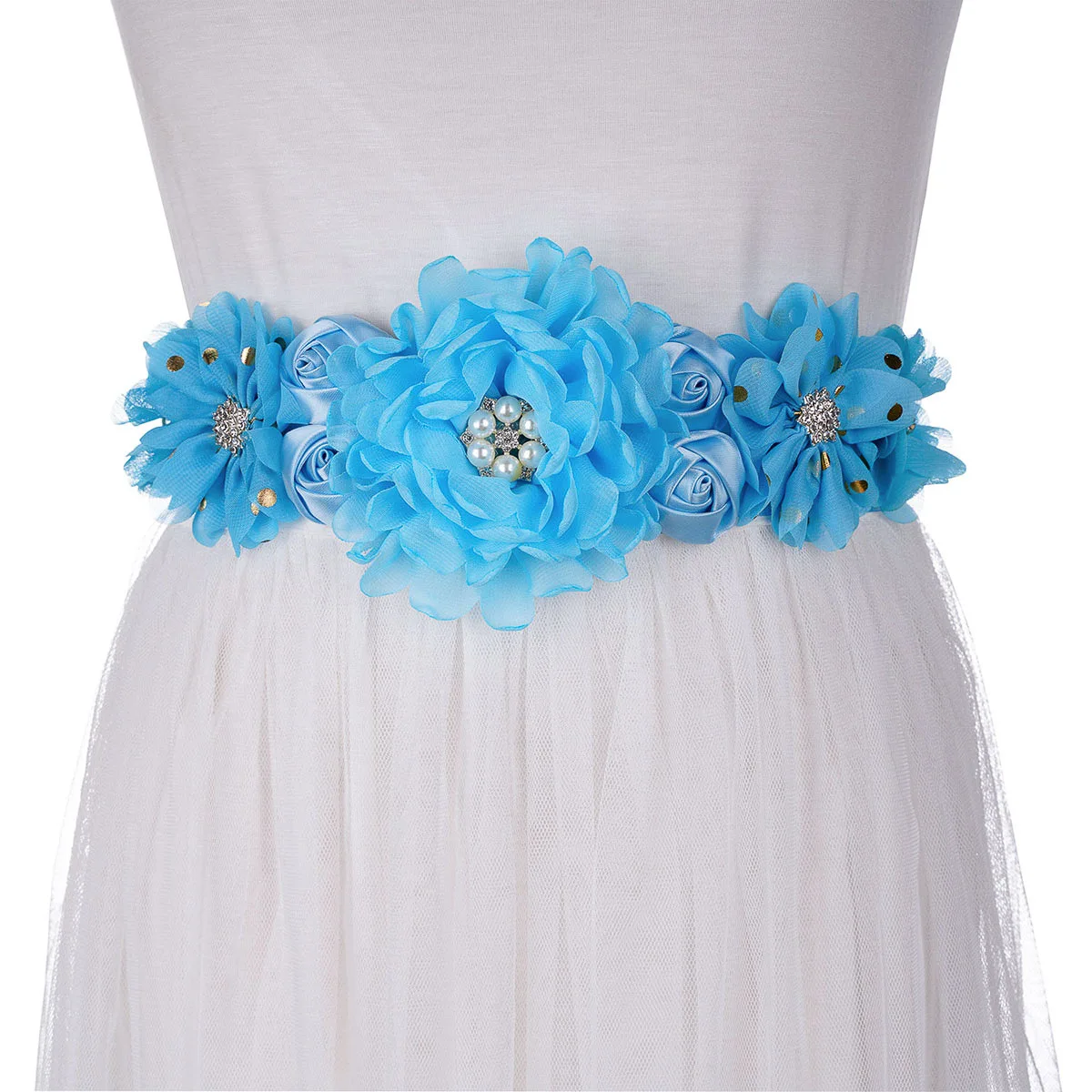 Newest Sky Blue  Handmade Flowers Pearls Wedding  Belt  Baby Shower Prom Evening Party Bridesmaids Satin Sash