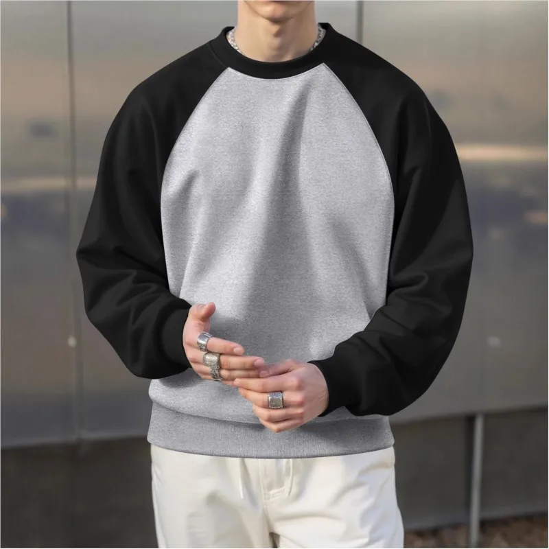 Autumn-Winter New American Retro Long Sleeve O-neck Contrast Splicing Sweatshirt Warm Outdoor Men's Fashion Casual Sport Tops
