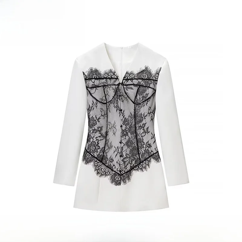 

EVEA New Women's Faion Lace Splicing Autumn Dr Coat Ele Sle Casual Long Sve Polyester Fiber H Version