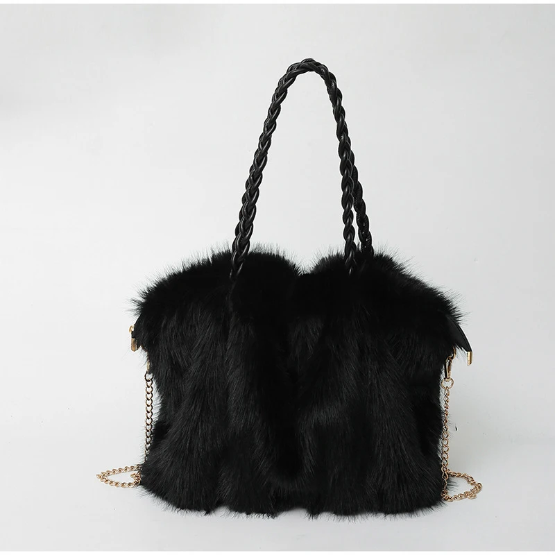 

Plush Tote Bag Luxury Brand Handbag Winter Faux Fur Pleated Shoulder Bag High-end Chain Crossbody Bag Soft Zipper Underarm Bag