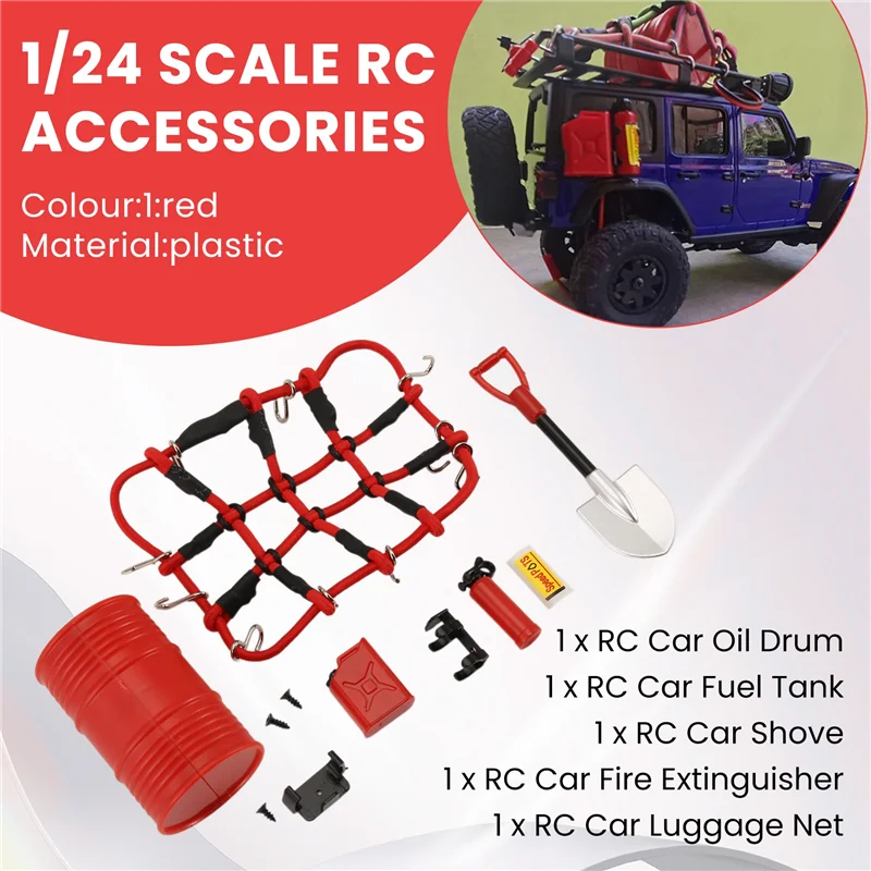 Doskonała Mini Łopatka Zbiornik Paliwa Beczka Olejowa Gaśnica Siatka Bagażowa Dekoracja Do Axial SCX24 JEEP Bronco C10 1/24 Samochodu RC