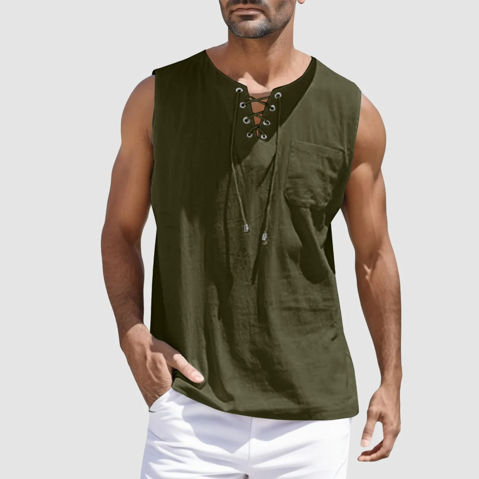 2024 Men's Cotton Linen Vest Tops Solid Color V Neck Lace Up Drawstring Sport Tank Top Summer Sleeveless Quick Drying Clothing