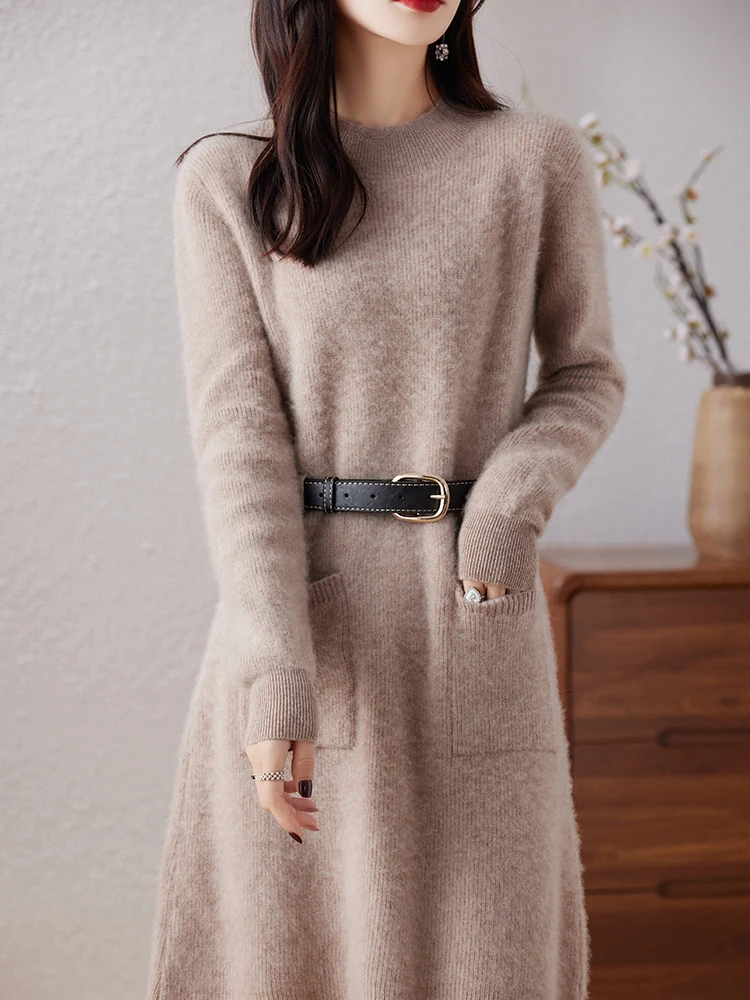 100% Pure Wool Cashmere Dress Women\'s Half High Collar Pullover Fashion Knitted Long Top 2023 Autumn/Winter Warm Skirt Korean